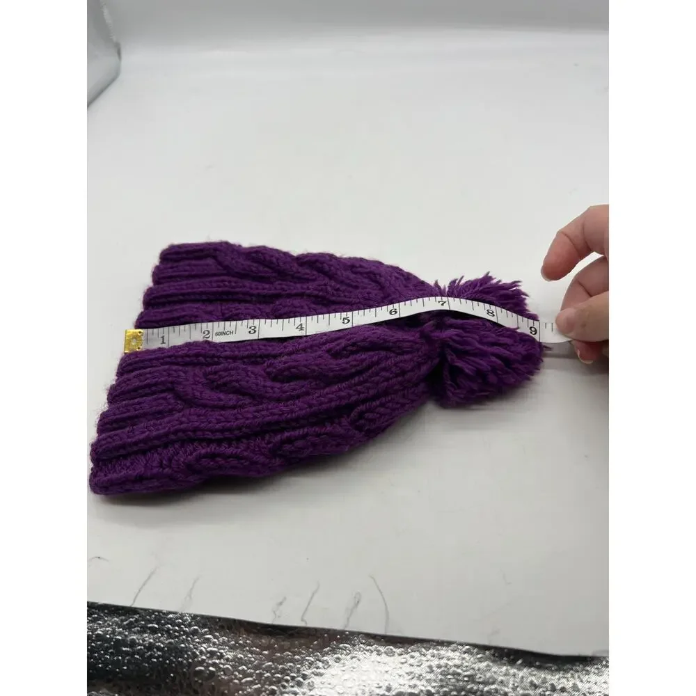 Cable Knit Woven Chunky Purple Beanie Knit Pom Pom‎ Winter Hat Boho Outdoors XS